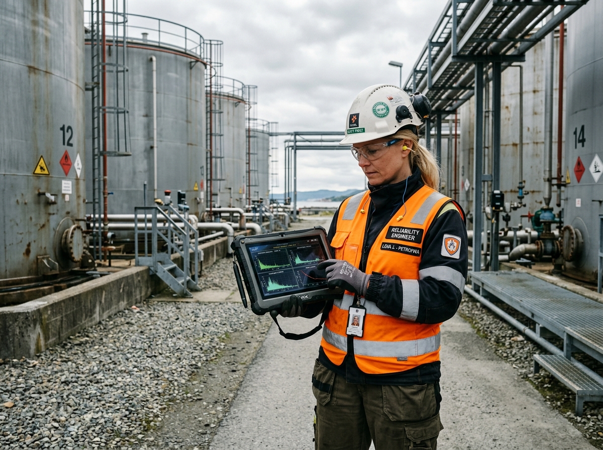 Nordic reliability engineer reviewing asset telemetry on tablet in tank farm