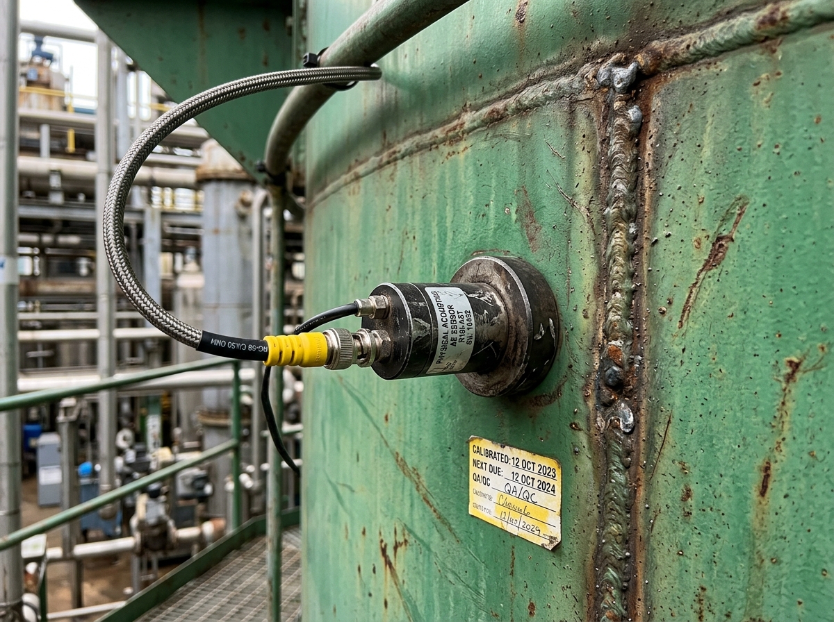 Acoustic sensor mounted on high-pressure vessel shell